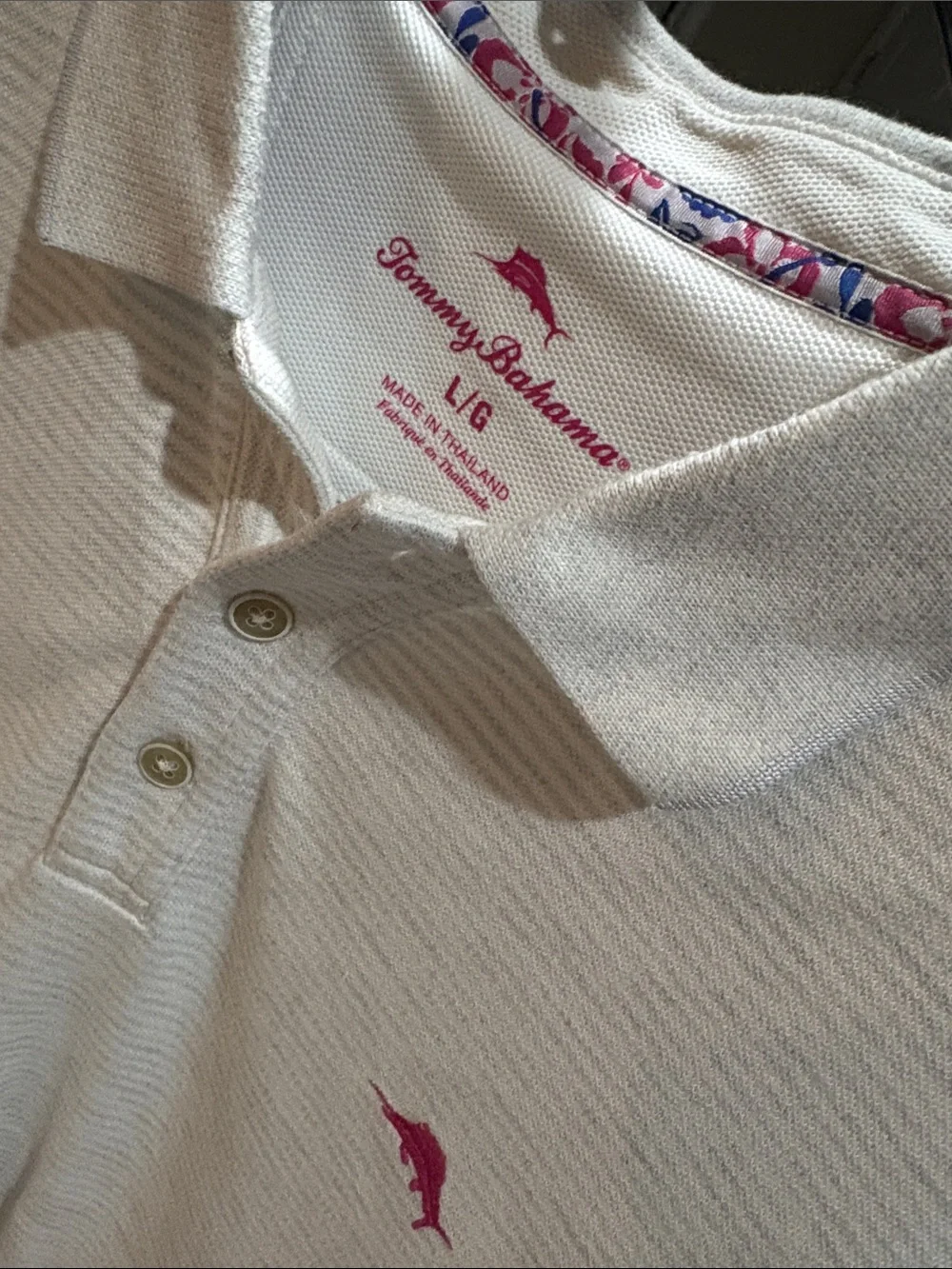 Tommy Bahama White Polo with Pink Dolphin Logo
